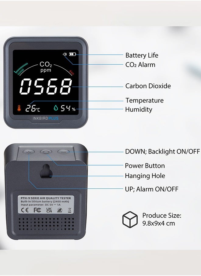INKBIRD - INKBIRD Indoor Air Quality Monitor Temperature And Relative Humidity Carbon Dioxide Detector Indoor CO2 Meter With Alarm Function CO2 Detector For Grow Tents Wine Cellar Home PTH-9C - Image 1