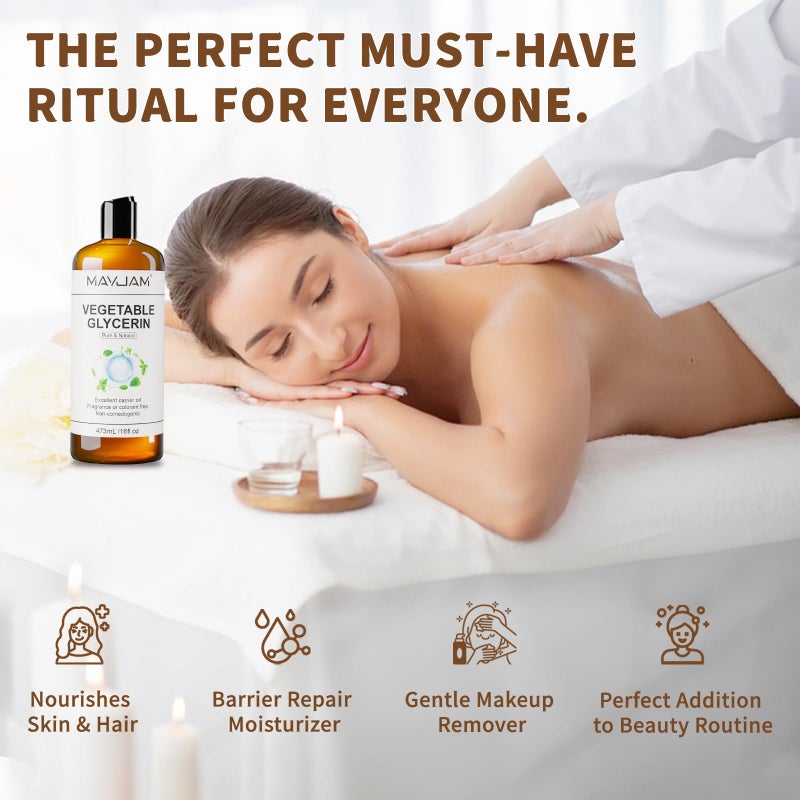 MAYJAM 100% Natural & Pure Vegetable Glycerine, 16 fl. oz. Vegetable Glycerin Liquid Body Oil for Skin, Face, Hair Care, Massage Oil for Moisturizing and Hair Benefits, Carrier Oil for Essential Oils - Image 3