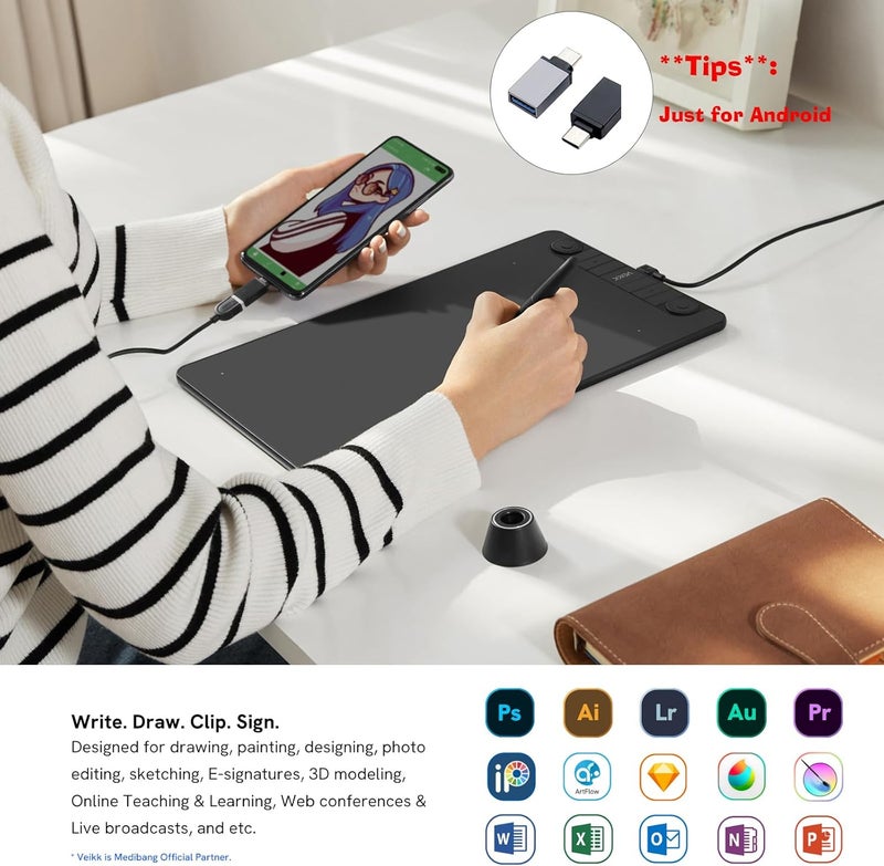 فايك لوحة رسم VEIKK VK1060PRO بحجم 10×6 بوصة مع 8 مفاتيح اختصار، وتصميم قرص مزدوج، و8192 مستوى ضغط، وقلم بدون بطارية، متوافقة مع Windows/Mac OS/Android/Linux - Image 4