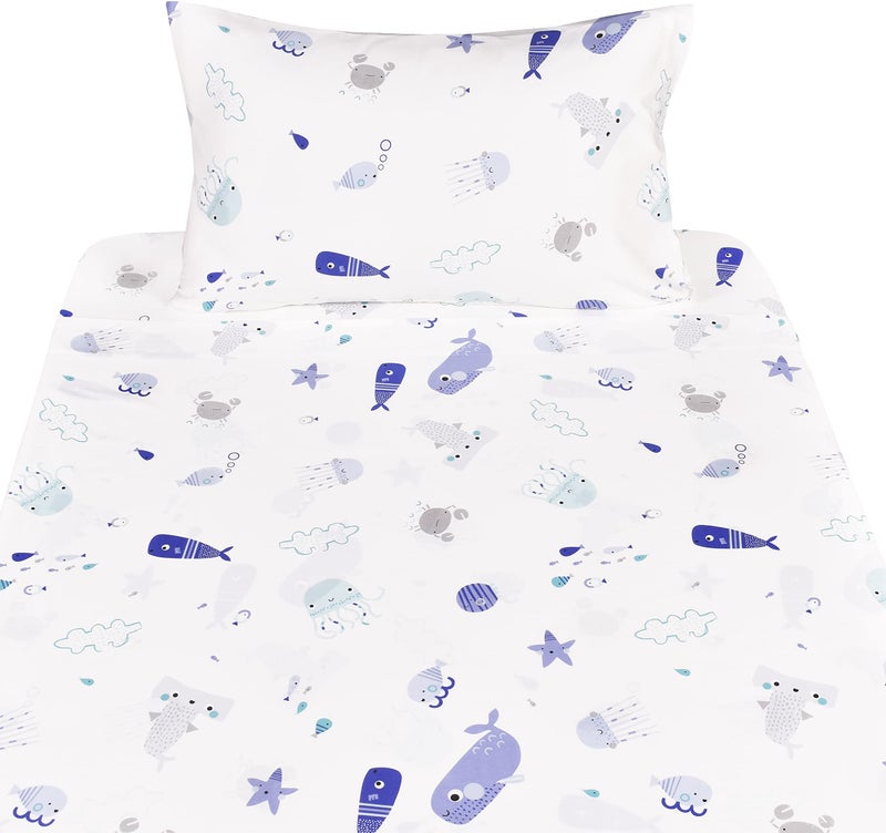 J-pinno Sea Animal Fish Whale Underwater World Cute Cozy Fun Twin Sheet Set for Kids Girls Children100% Cotton Flat Sheet + Fitted Sheet + Pillowcase Bedding (10, Twin) - Image 3