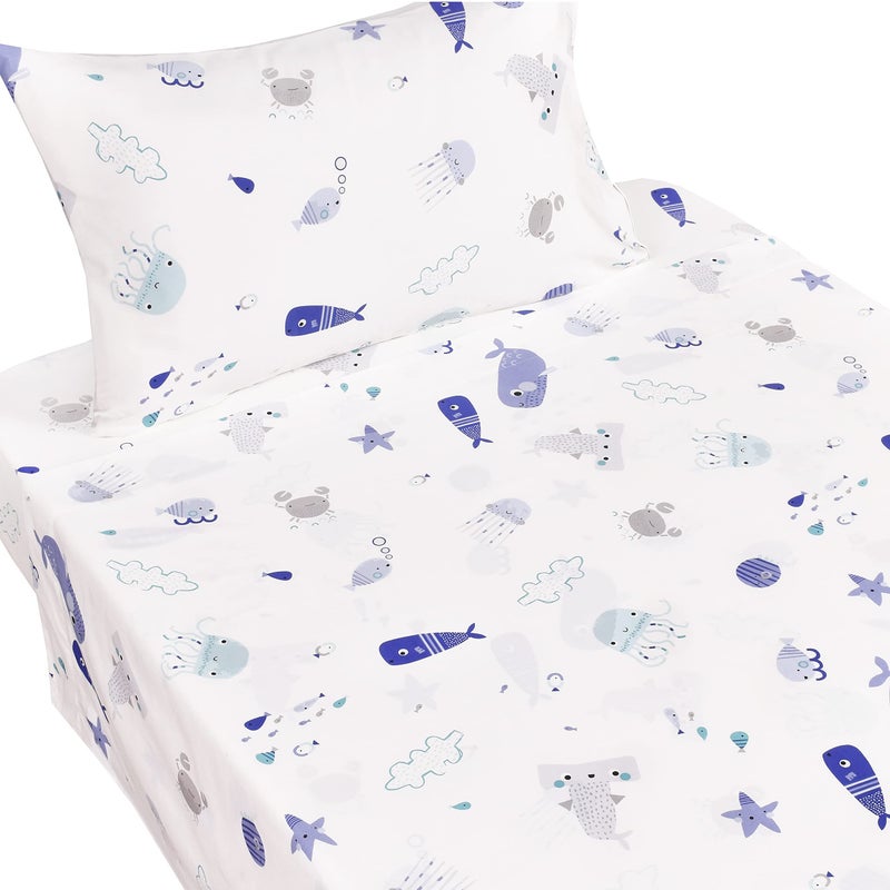 J-pinno Sea Animal Fish Whale Underwater World Cute Cozy Fun Twin Sheet Set for Kids Girls Children100% Cotton Flat Sheet + Fitted Sheet + Pillowcase Bedding (10, Twin) - Image 2