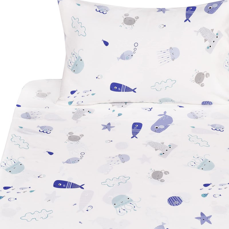 J-pinno Sea Animal Fish Whale Underwater World Cute Cozy Fun Twin Sheet Set for Kids Girls Children100% Cotton Flat Sheet + Fitted Sheet + Pillowcase Bedding (10, Twin) - Image 1
