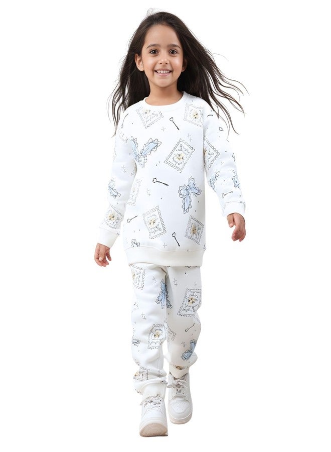 انثريلو طقم سويت شيرت وبنطال رياضي من الصوف للبنات من أنثريلو بتصميم فيونكة ومفتاح - أبيض | 2-3 سنوات - Image 1
