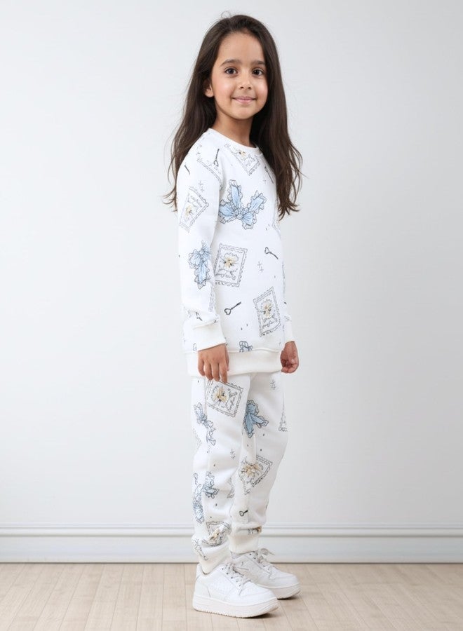 انثريلو طقم سويت شيرت وبنطال رياضي من الصوف للبنات من أنثريلو بتصميم فيونكة ومفتاح - أبيض | 2-3 سنوات - Image 3