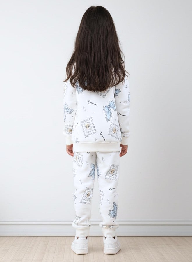 انثريلو طقم سويت شيرت وبنطال رياضي من الصوف للبنات من أنثريلو بتصميم فيونكة ومفتاح - أبيض | 2-3 سنوات - Image 4