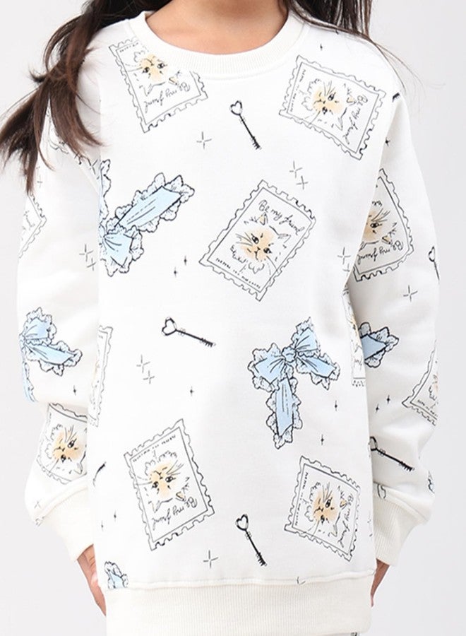 انثريلو طقم سويت شيرت وبنطال رياضي من الصوف للبنات من أنثريلو بتصميم فيونكة ومفتاح - أبيض | 2-3 سنوات - Image 5