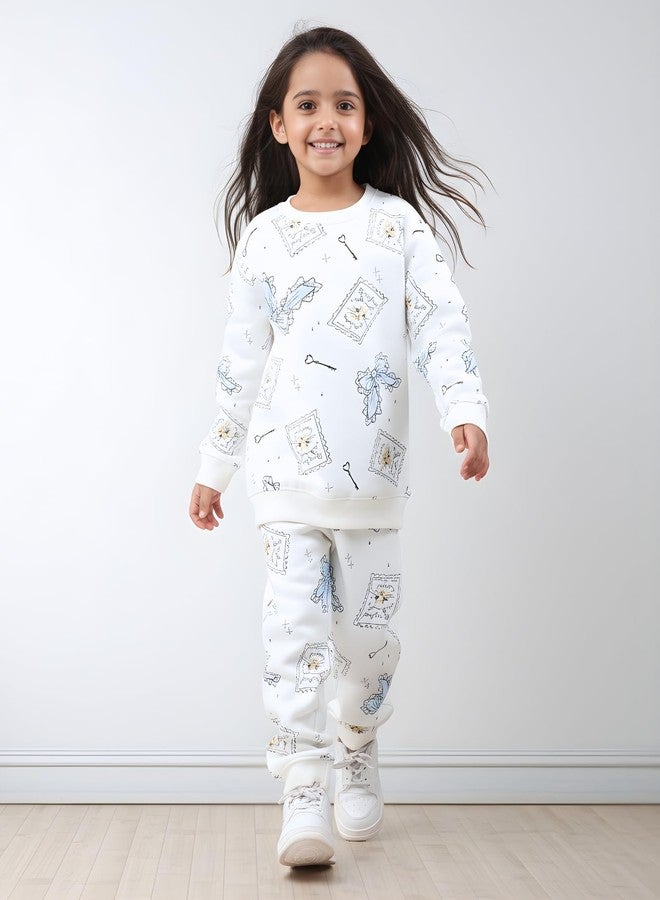 انثريلو طقم سويت شيرت وبنطال رياضي من الصوف للبنات من أنثريلو بتصميم فيونكة ومفتاح - أبيض | 2-3 سنوات - Image 2