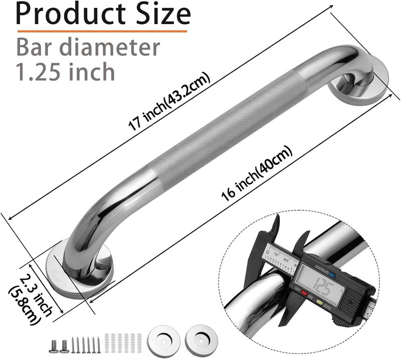 Rackickyer Shower Grab Bar, 2 Pack 16 Inch Bathroom Grab Bar, 1.25" Diameter 304 Stainless Steel Anti-Slip Grab Bars for Bathtubs and Showers, Handicap Shower Grab Bar for Seniors Elderly - Image 2