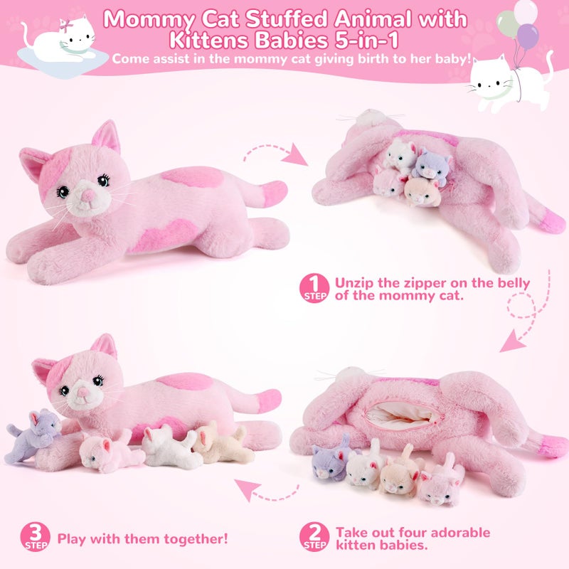 gnomantic 5 Pieces Cat Stuffed Animals with Babies Inside Belly - 1 Mommy Stuffed Cat with 4 Kittens - Stuffed Kitty Plush Toys for Kid Age 3-8, Gift Ideal for Christmas, Valentine's, Birthday (Pink) - Image 2
