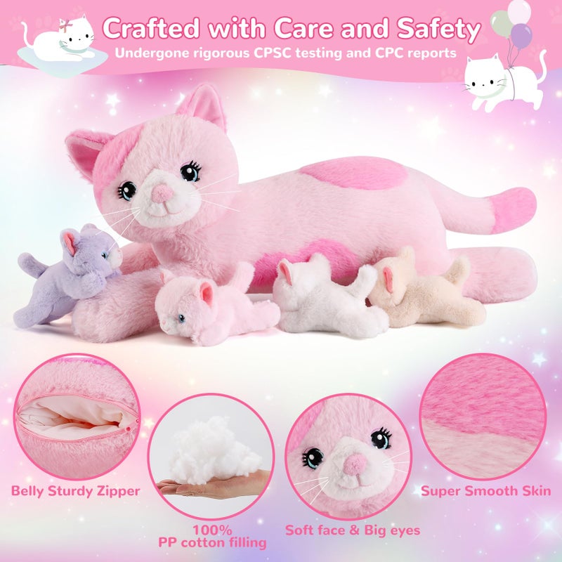 gnomantic 5 Pieces Cat Stuffed Animals with Babies Inside Belly - 1 Mommy Stuffed Cat with 4 Kittens - Stuffed Kitty Plush Toys for Kid Age 3-8, Gift Ideal for Christmas, Valentine's, Birthday (Pink) - Image 4