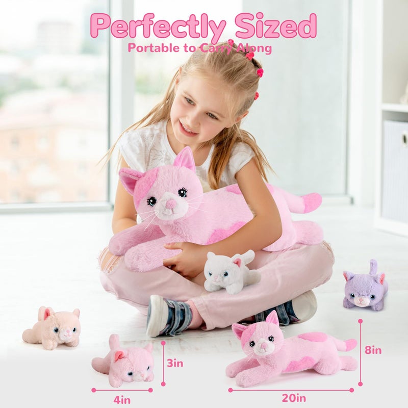 gnomantic 5 Pieces Cat Stuffed Animals with Babies Inside Belly - 1 Mommy Stuffed Cat with 4 Kittens - Stuffed Kitty Plush Toys for Kid Age 3-8, Gift Ideal for Christmas, Valentine's, Birthday (Pink) - Image 3