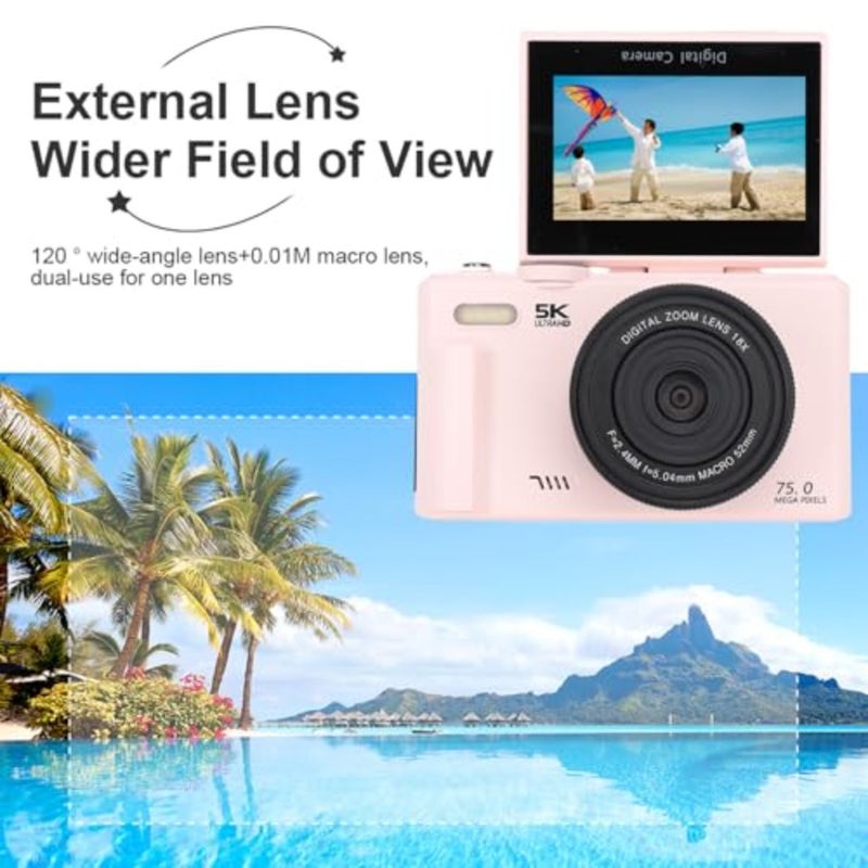 YouTube beginners' travel camera: 75MP UHD, 18x zoom, autofocus, WiFi, 3in 180 flip screen, compact black digital camera - Image 2