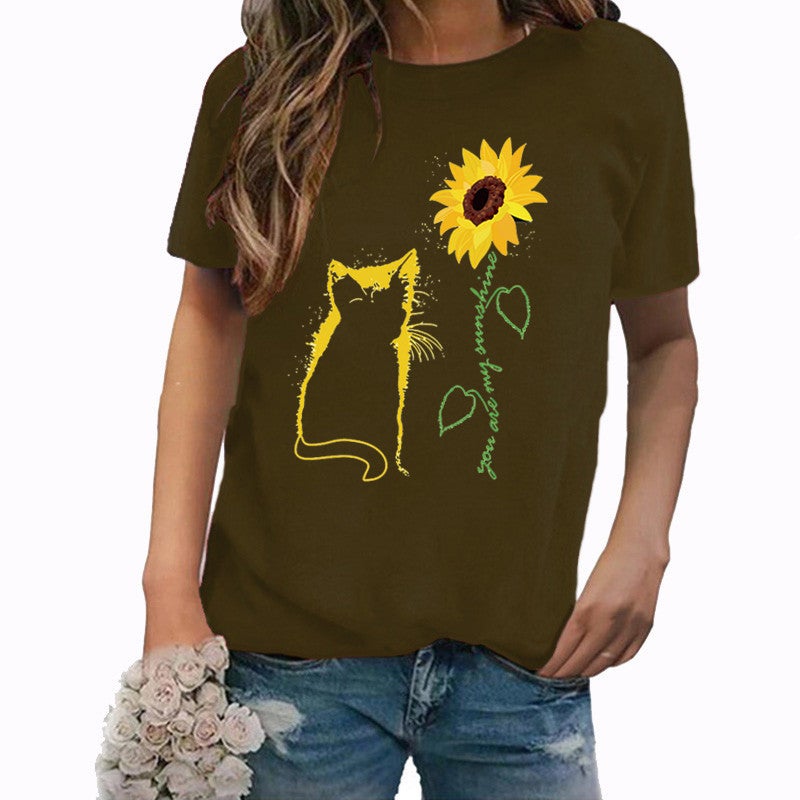 Wish Independent Station Cat Sunflower Pattern Printed Short Sleeve T-Shirt Women - Image 1