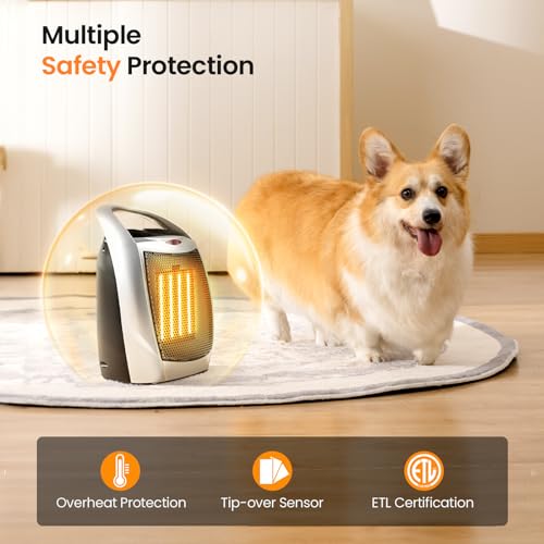Kismile Small Electric Space Heater,Portable Ceramic Space Heater Fan for Office with Adjustable Thermostat and Overheat Protection ETL Listed for Kitchen, 750W/1500W(Silver) - Image 4