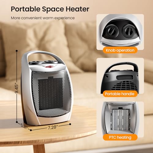 Kismile Small Electric Space Heater,Portable Ceramic Space Heater Fan for Office with Adjustable Thermostat and Overheat Protection ETL Listed for Kitchen, 750W/1500W(Silver) - Image 5