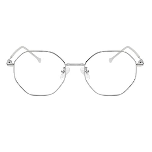 JOVAKIT Polygon Blue Light Blocking Glasses for Women Men Vintage Octagon Square Non-prescription Metal Eyeglasses (Silver 2) - Image 2