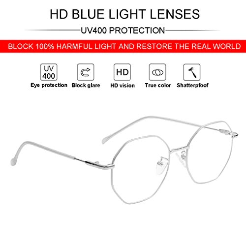 JOVAKIT Polygon Blue Light Blocking Glasses for Women Men Vintage Octagon Square Non-prescription Metal Eyeglasses (Silver 2) - Image 4