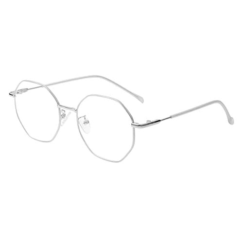 JOVAKIT Polygon Blue Light Blocking Glasses for Women Men Vintage Octagon Square Non-prescription Metal Eyeglasses (Silver 2) - Image 1