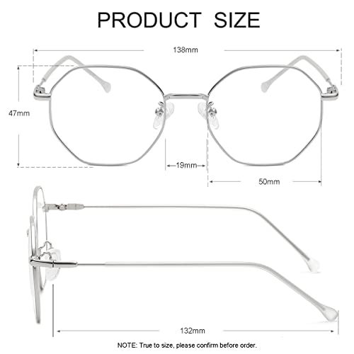 JOVAKIT Polygon Blue Light Blocking Glasses for Women Men Vintage Octagon Square Non-prescription Metal Eyeglasses (Silver 2) - Image 3