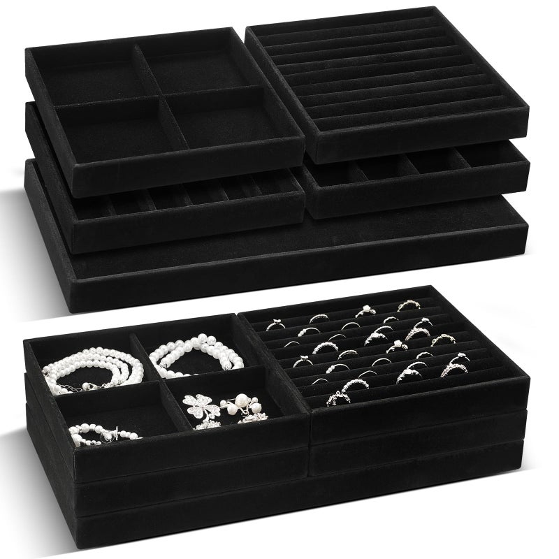 Cinnvoice Set of 10 Stackable Jewelry Organizer Trays for Drawer 14 Inch Velvet Jewelry Drawer Insert Display Storage with Removable Divider for Necklace Earring Ring Watch Bracelet Black - Image 2