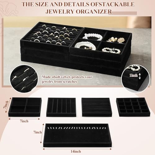 Cinnvoice Set of 10 Stackable Jewelry Organizer Trays for Drawer 14 Inch Velvet Jewelry Drawer Insert Display Storage with Removable Divider for Necklace Earring Ring Watch Bracelet Black - Image 3