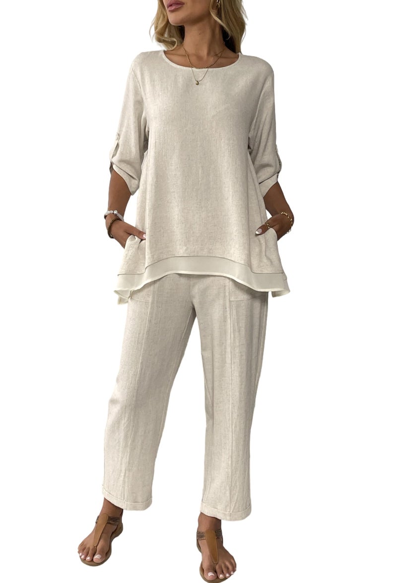 heipeiwa Women's Linen 2 Piece Outfits Rolled Sleeves Tops Wide Leg Trouser Pants Suits Summer Casual Dressy Linen Sets Beige - Image 1