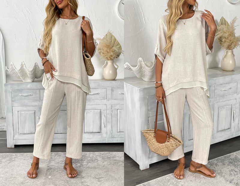 heipeiwa Women's Linen 2 Piece Outfits Rolled Sleeves Tops Wide Leg Trouser Pants Suits Summer Casual Dressy Linen Sets Beige - Image 3