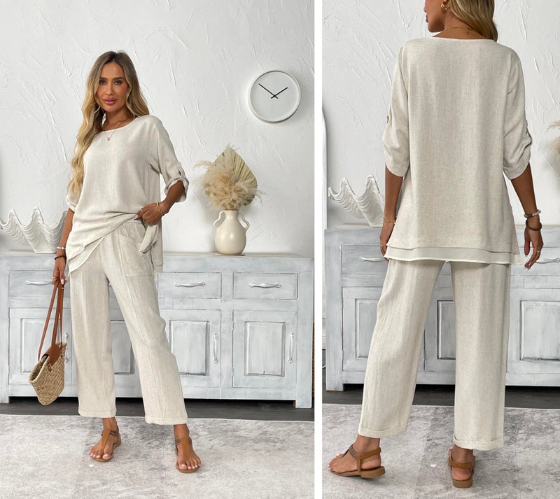 heipeiwa Women's Linen 2 Piece Outfits Rolled Sleeves Tops Wide Leg Trouser Pants Suits Summer Casual Dressy Linen Sets Beige - Image 4