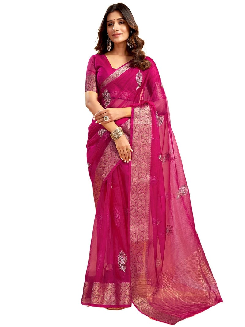 Satrani Women's Organza Sequins Embroidery Jacquard Saree with Unstitched Blouse Piece (4031S654N_Rani Pink) - Image 1