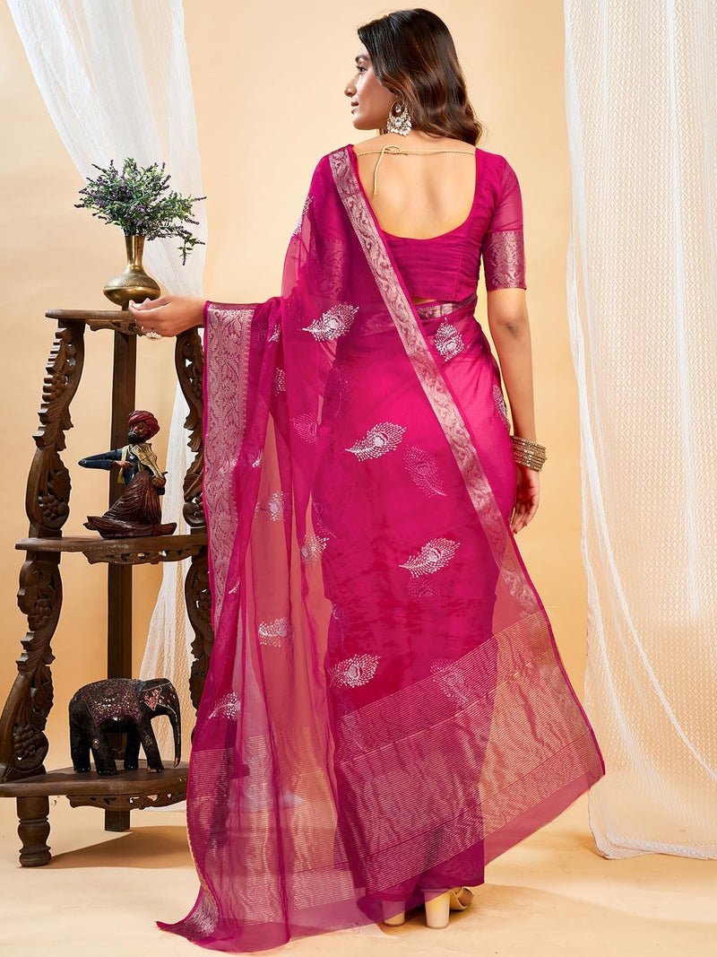 Satrani Women's Organza Sequins Embroidery Jacquard Saree with Unstitched Blouse Piece (4031S654N_Rani Pink) - Image 3