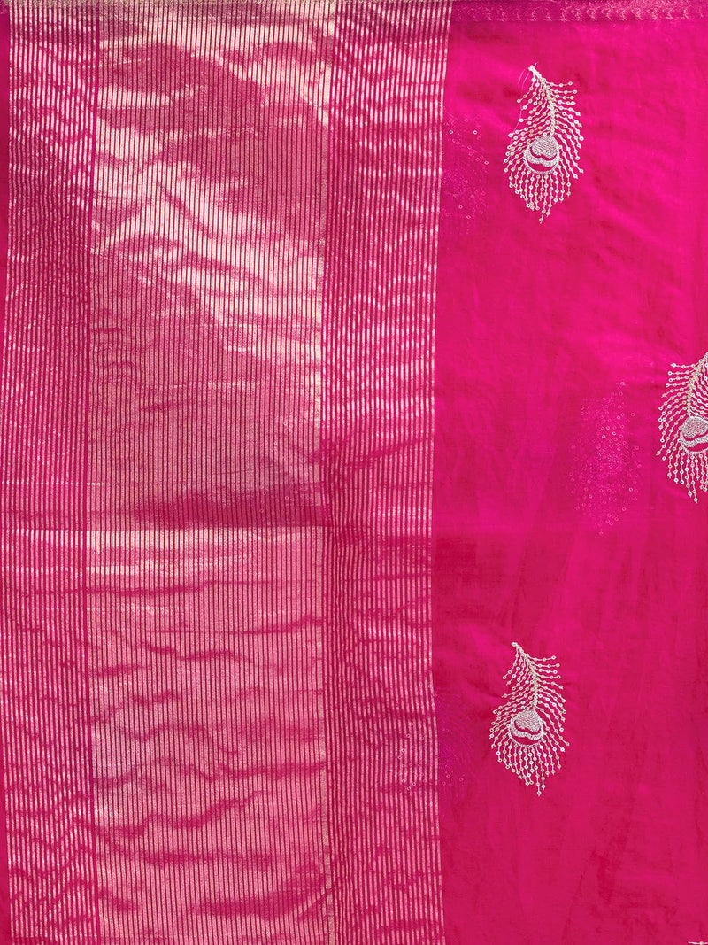 Satrani Women's Organza Sequins Embroidery Jacquard Saree with Unstitched Blouse Piece (4031S654N_Rani Pink) - Image 5