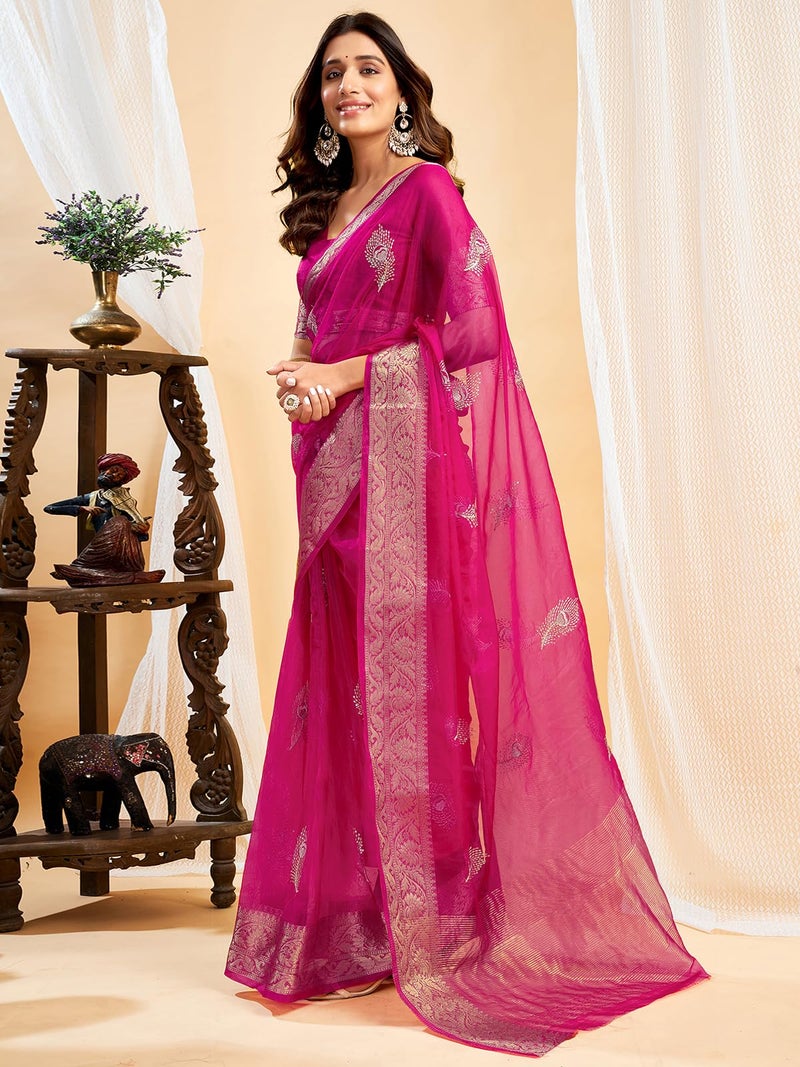 Satrani Women's Organza Sequins Embroidery Jacquard Saree with Unstitched Blouse Piece (4031S654N_Rani Pink) - Image 2