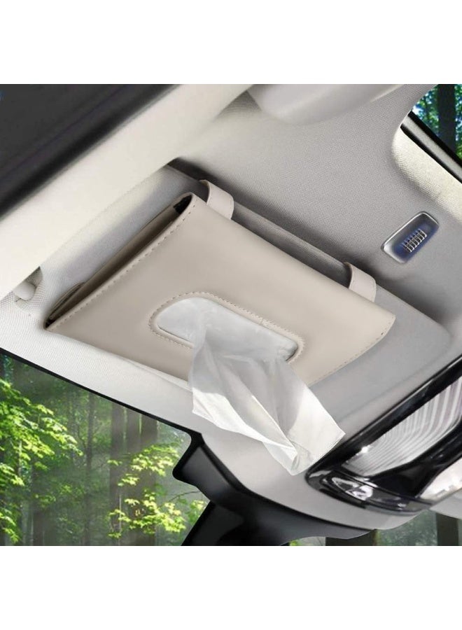 JZS Minimalistic Beige Leather and Flannelette Cloth Rectangular Car Tissue Holder with Sun Visor Clip, Fits Standard Paper Towels, Includes Bonus Towels - Image 1