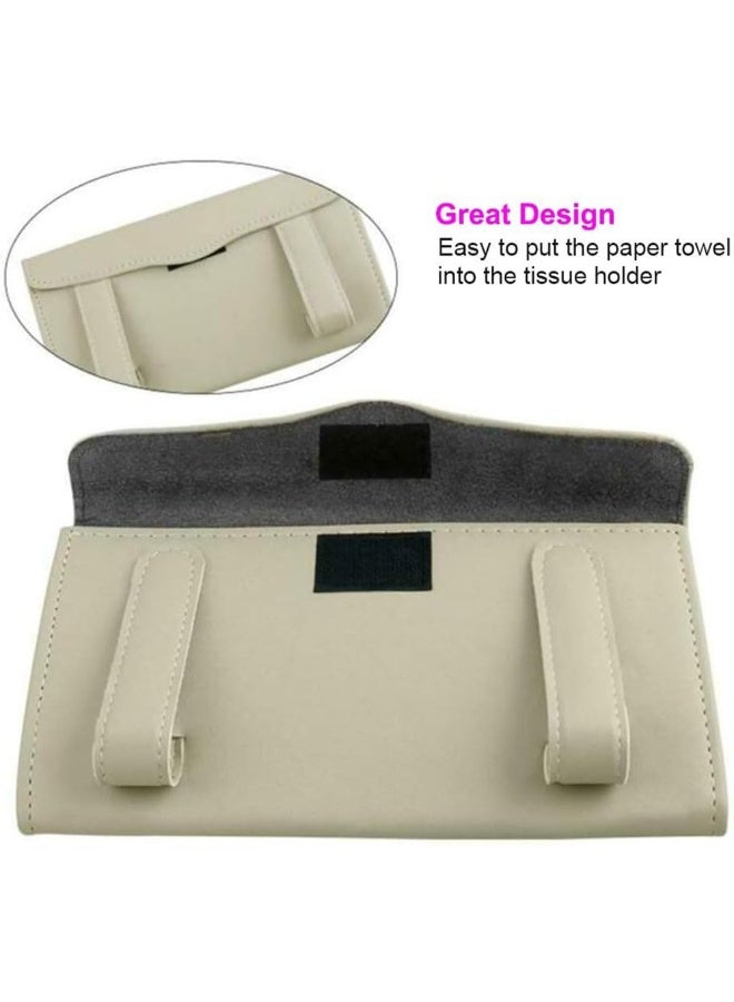 JZS Minimalistic Beige Leather and Flannelette Cloth Rectangular Car Tissue Holder with Sun Visor Clip, Fits Standard Paper Towels, Includes Bonus Towels - Image 3