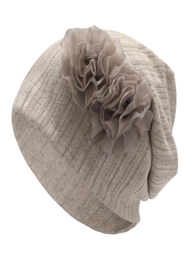 ZLYC Women Lightweight Slouchy Beanie Hat Thin Knit Skull Cap Summer Chemo Headwear, Flower Khaki, One size - Image 4