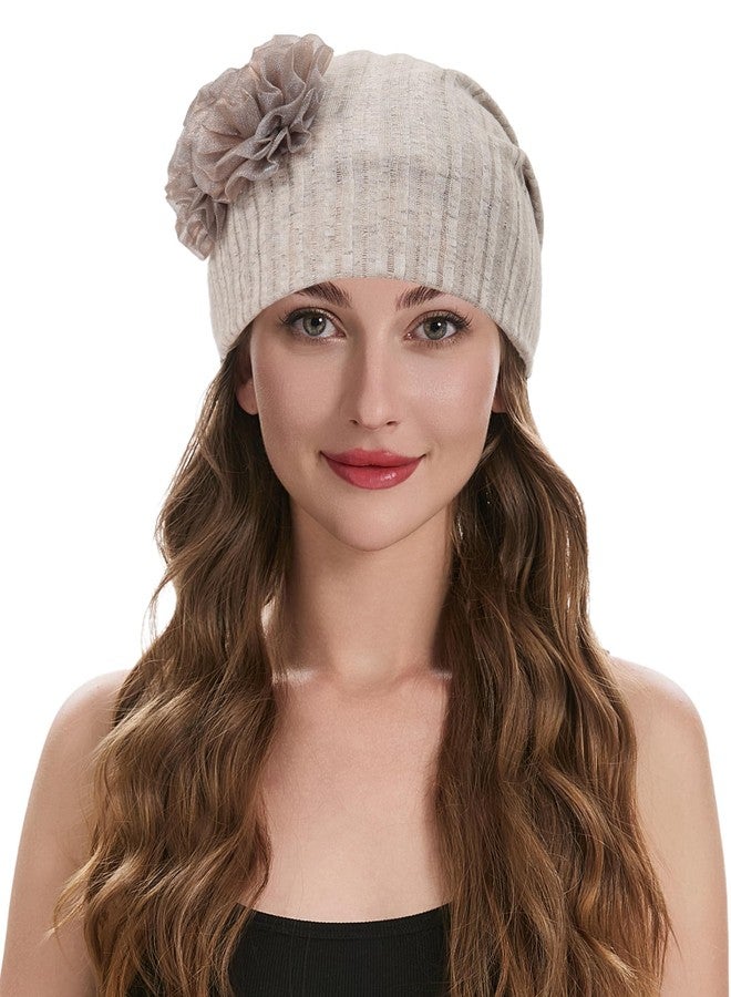 ZLYC Women Lightweight Slouchy Beanie Hat Thin Knit Skull Cap Summer Chemo Headwear, Flower Khaki, One size - Image 3