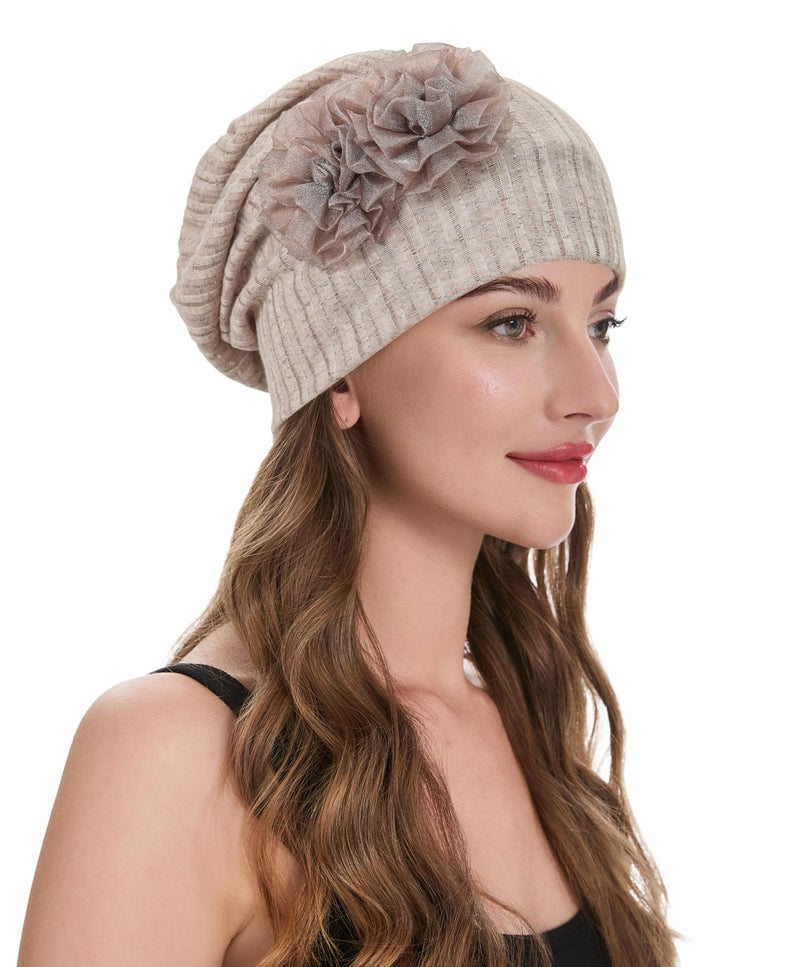 ZLYC Women Lightweight Slouchy Beanie Hat Thin Knit Skull Cap Summer Chemo Headwear, Flower Khaki, One size - Image 1