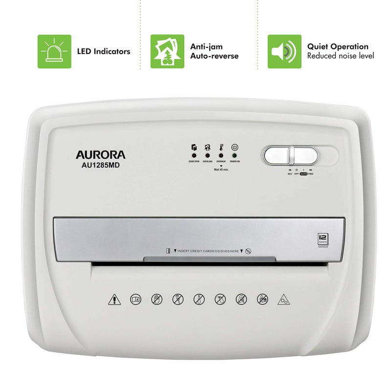 Aurora AU1285MD Compact Desktop-Style High Security 12-Sheet Micro-Cut Paper and CD/Credit Card/Junk Mail Pullout Basket Shredder, White/Black - Image 5