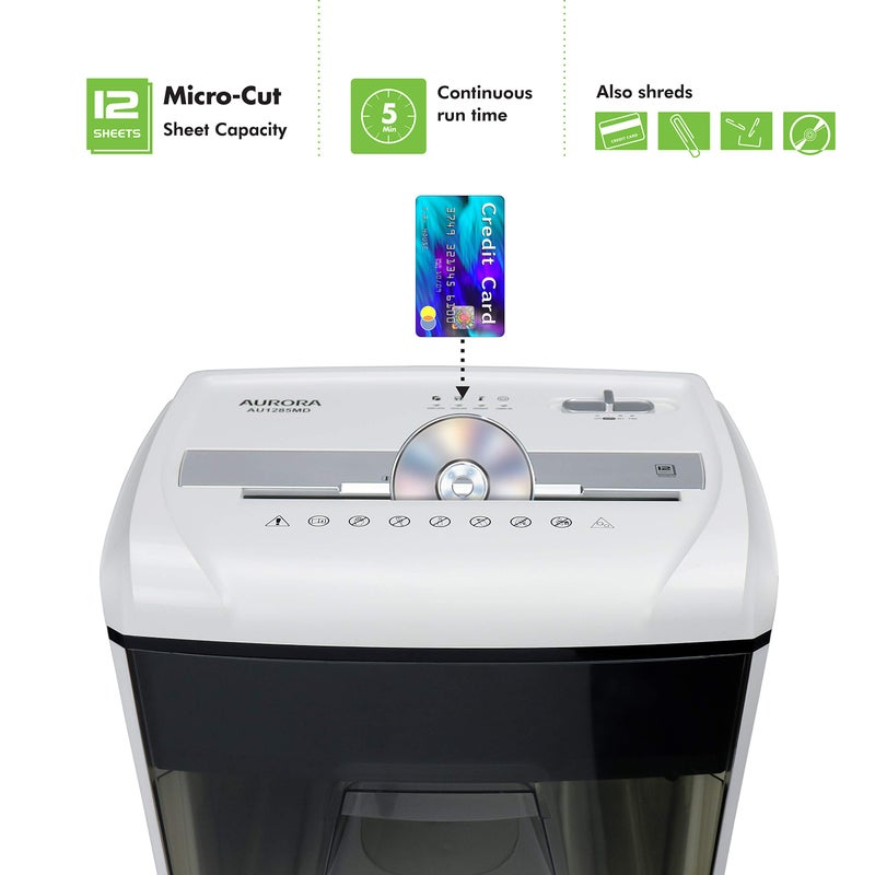 Aurora AU1285MD Compact Desktop-Style High Security 12-Sheet Micro-Cut Paper and CD/Credit Card/Junk Mail Pullout Basket Shredder, White/Black - Image 2