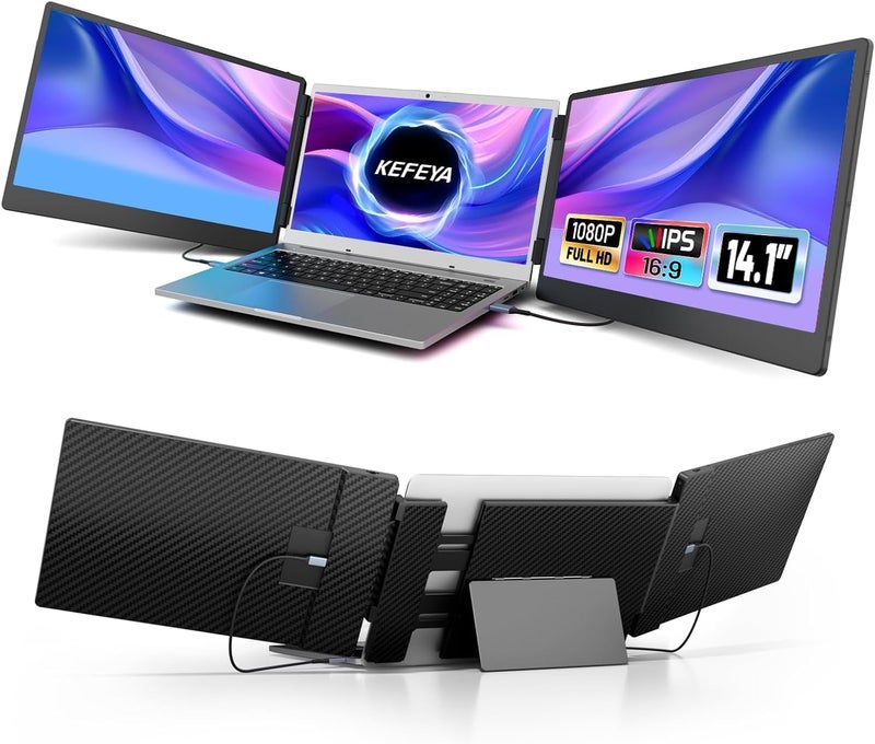 KEFEYA Laptop Screen Extender - 14.1" Triple Portable Monitor with Sturdy Metal Laptop Stand IPS HD 1080P Plug and Play for Windows/Chrome/Mac/Switch/PS5 - Image 1