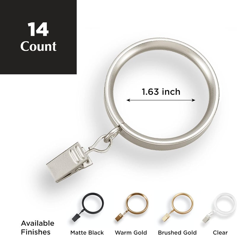 MODE Premium Collection Flat Steel Curtain Clip Rings, Set of 14 Curtain Rings with Clips, Rings with Clips for Curtains, Fits Premium and Acrylic Curtain Rods, 1 5/8”, Brushed Nickel - Image 2