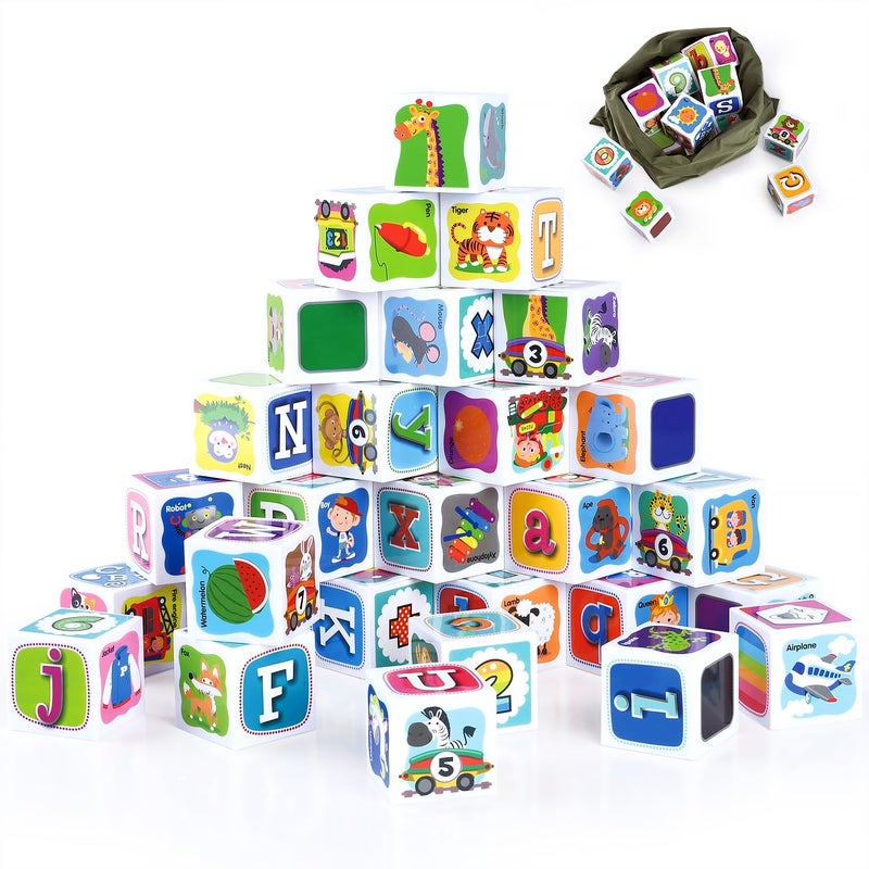 PLAY ABC Building Blocks for Toddlers 1-3, 28 PCS Plastic Baby Alphabet Letters Number Stacking Blocks Set, Preschool Learning Educational Montessori Sensory Toys Gifts for Kids Girls Boys - Image 1