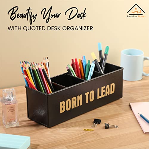 anantam homes 4 Compartment Born To Lead Desk Organizer Pen Pencil Caddy Storage Box For Desktop Office, School, Home Stationery, Study Table Organizer With Four Slots, Metal (Textured Black) - Image 2