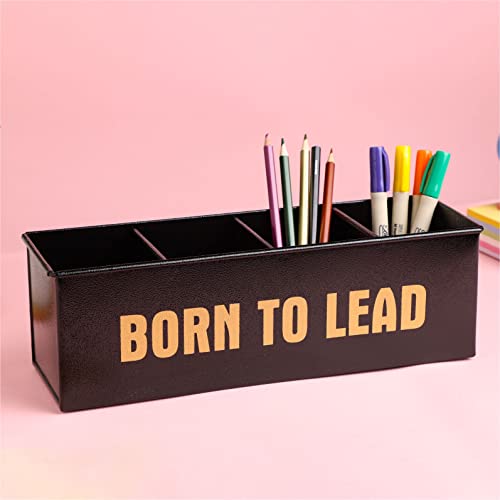 anantam homes 4 Compartment Born To Lead Desk Organizer Pen Pencil Caddy Storage Box For Desktop Office, School, Home Stationery, Study Table Organizer With Four Slots, Metal (Textured Black) - Image 1