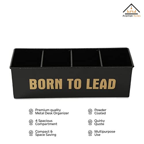 anantam homes 4 Compartment Born To Lead Desk Organizer Pen Pencil Caddy Storage Box For Desktop Office, School, Home Stationery, Study Table Organizer With Four Slots, Metal (Textured Black) - Image 5
