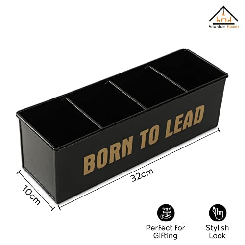 anantam homes 4 Compartment Born To Lead Desk Organizer Pen Pencil Caddy Storage Box For Desktop Office, School, Home Stationery, Study Table Organizer With Four Slots, Metal (Textured Black) - Image 4