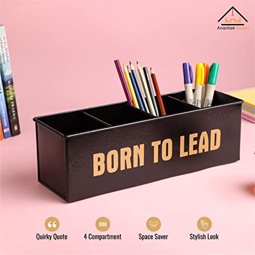 anantam homes 4 Compartment Born To Lead Desk Organizer Pen Pencil Caddy Storage Box For Desktop Office, School, Home Stationery, Study Table Organizer With Four Slots, Metal (Textured Black) - Image 3