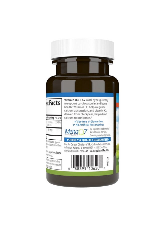 Carlson Vitamin D3 + K2 50 Mcg (2000 Iu) & 90 Mcg Bone Support Health & Calcium Absorption 120 Capsules - Image 4