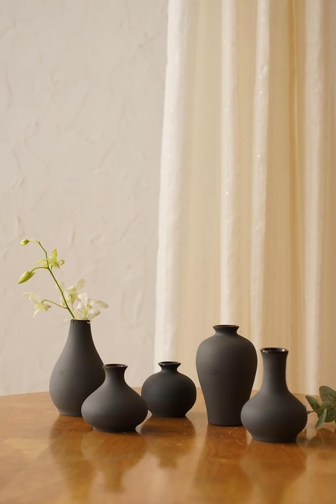 BLACK JAPANESE IKEBANA VASE SET OF 5 UNIQUE GEOMETRIC SHAPES VASE FOR DECOR CENTERPIECE SHOWPIECE DECORATIVE VASES FOR HOME LIVING ROOM OFFICE TABLETOP DECORATIONS