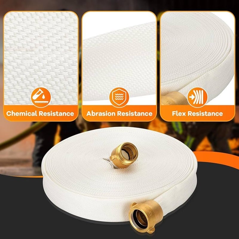 AKW Fire Hose, White, 1-1/2" ID, 500 PSI Burst Pressure, M x F NST Brass Connectors (75 ft.) - Image 1
